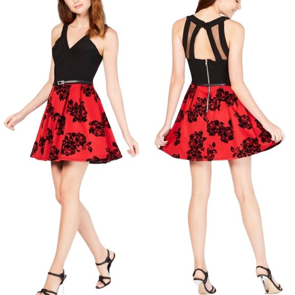 New Crystal Doll Floral Velvet Belted Fit & Flare Mini Dress Red Black Junior 11 - Picture 1 of 16